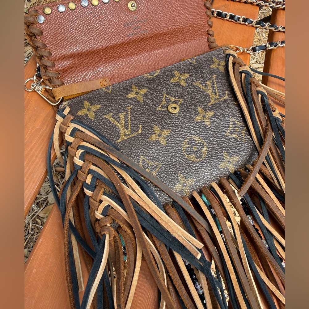 Louis Vuitton Brown Monogram Fringe Crossbody with Turquoise Studs - Picture 11 of 14